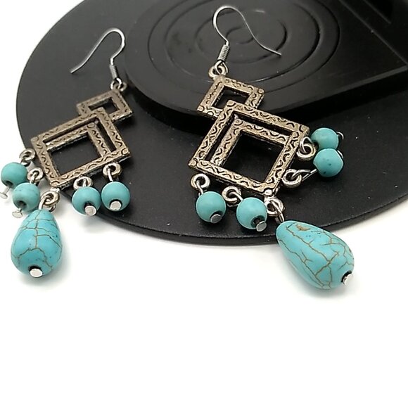 Turquoise Antique Silver Dangle Earrings 2.25" Drop - Picture 2 of 14